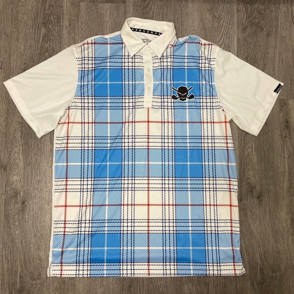 Tattoo Golf Polo Shirt Mens L Blue Plaid ProCool Performance Hazard Collection
